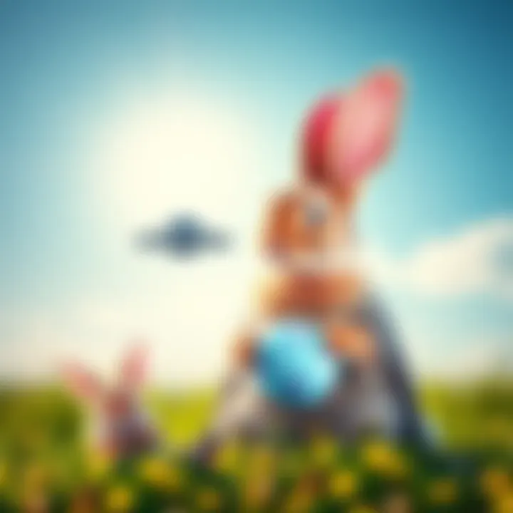 A colorful Easter Bunny standing next to a small UFO under a bright blue sky, symbolizing Chris Bledsoe's claim about NHI disclosure this Easter.