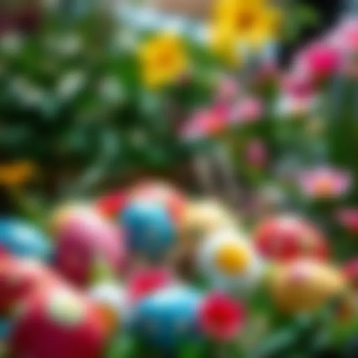 A festive scene featuring decorated Easter eggs and a spring background with flowers and greenery.