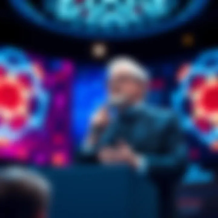 Eckhart Tolle discussing the relationship between artificial intelligence and human enlightenment at a podium
