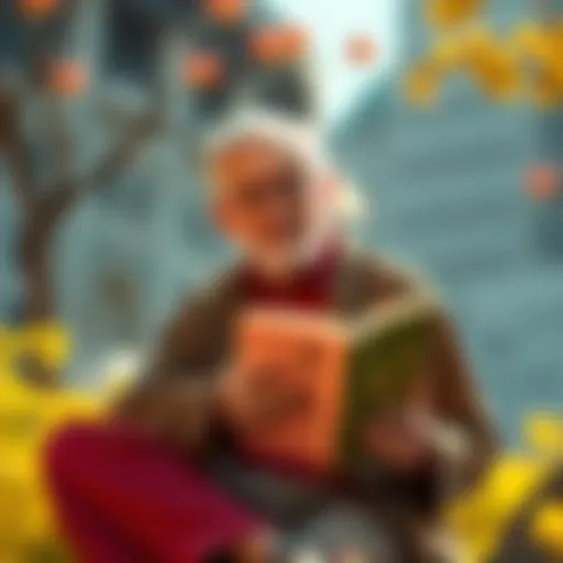 Eckhart Tolle sitting in a peaceful setting, holding the Tao Te Ching book, reflecting on its teachings.
