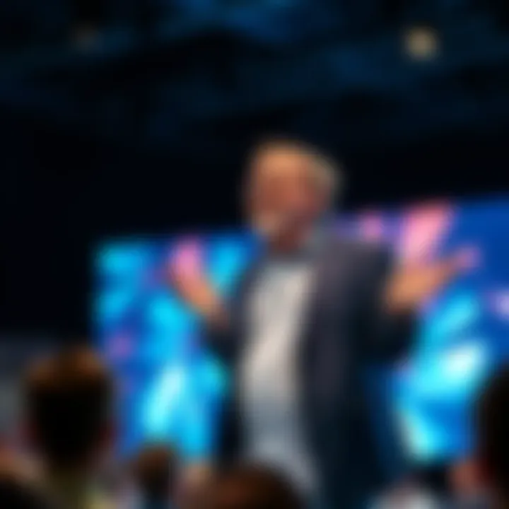 Eckhart Tolle stands on stage addressing an audience, blending spirituality with business themes.