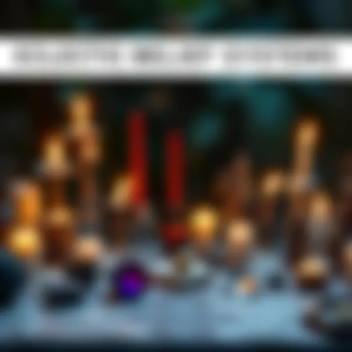 A table filled with various spiritual symbols representing different belief systems, including candles, crystals, and mythological figures.