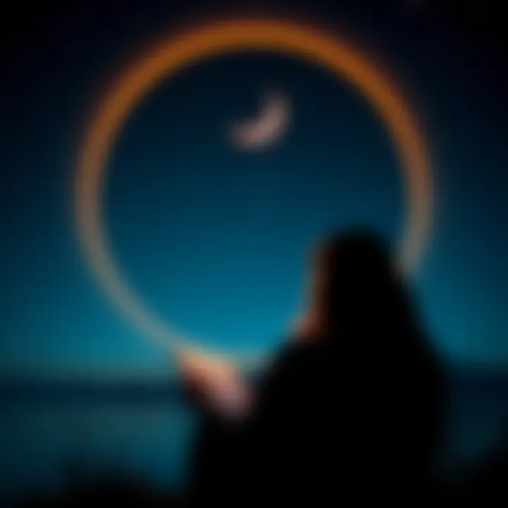 A person creating a vision board under a crescent moon during eclipse season, surrounded by stars and a calm night sky.