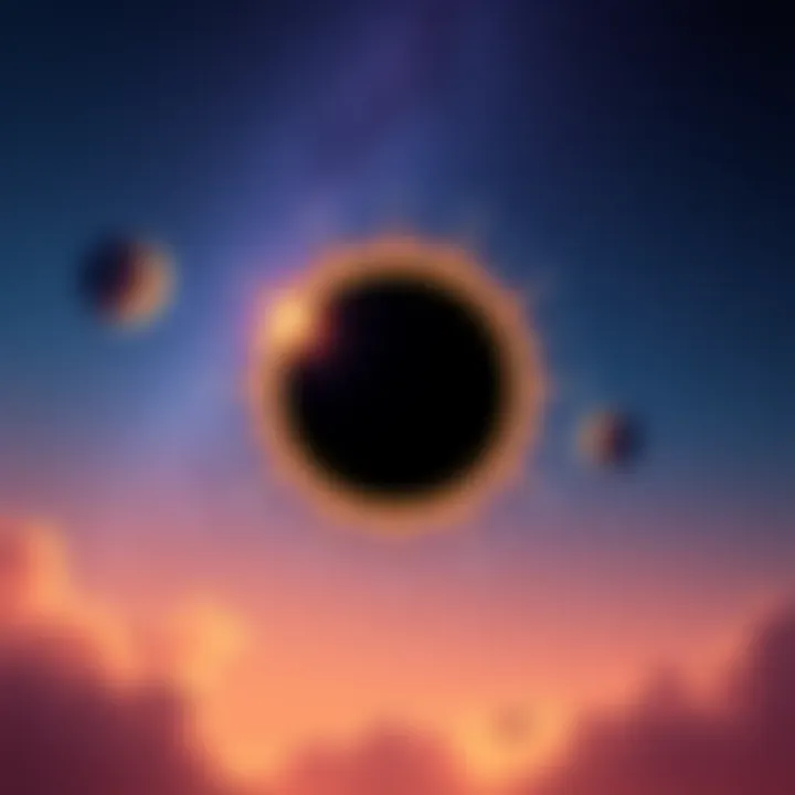 An illustration showing the Sun and Moon aligned with Rahu and Ketu in a starry sky, symbolizing Grahan Dosha in astrology.