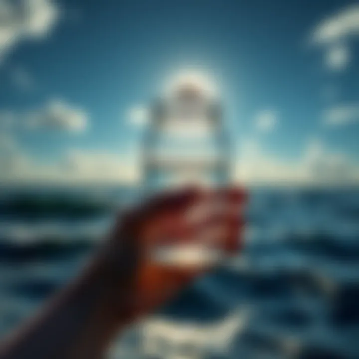 A person holds a jar of clear water under an eclipse, with ocean waves in the background reflecting sunny skies and moonlit waves.