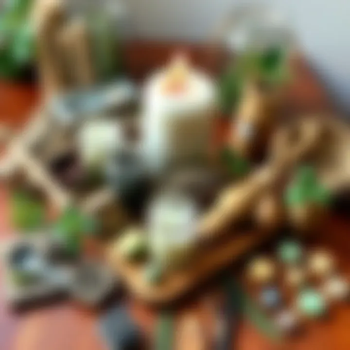 A collection of thrifted materials for spellcrafting arranged on a wooden table, showcasing repurposed jars filled with herbs and sustainable candles, surrounded by nature-inspired tools.