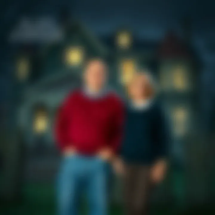 Ed and Lorraine Warren standing together with a backdrop of a haunted house, showcasing their role as paranormal investigators.
