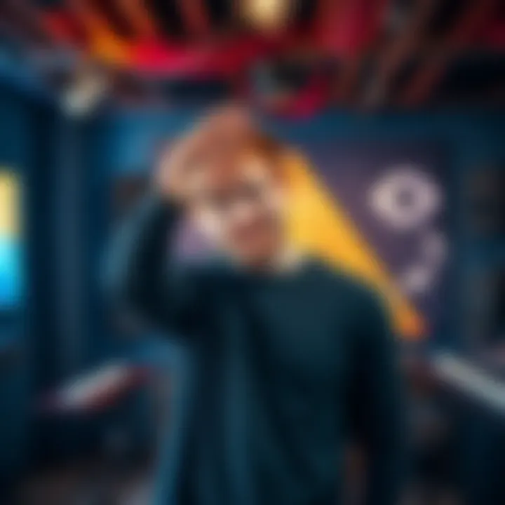Ed Sheeran with one-eye symbol Ed Sheeran standing next to a pyramid symbol, displaying the one-eye sign with his hand, surrounded by a music studio setting