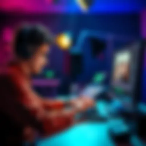A person working on a computer, editing rehearsal footage to match lighting and effects