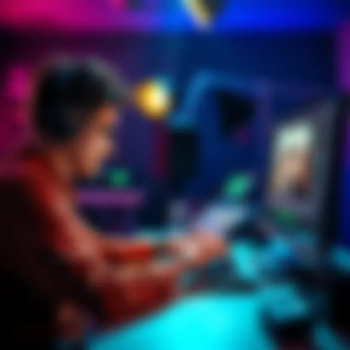 A person working on a computer, editing rehearsal footage to match lighting and effects