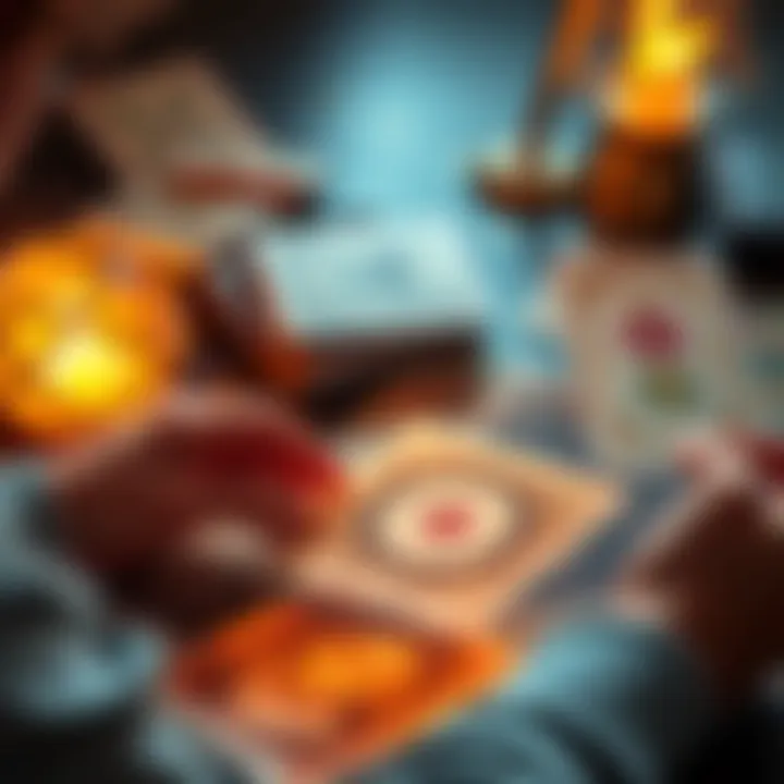 A person looking at a tarot card spread with financial symbols while considering class investments