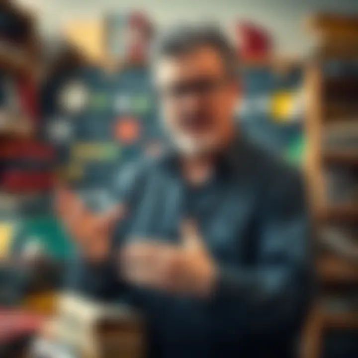 A seasoned teacher surrounded by books and chaotic school supplies, symbolizing the turmoil in education