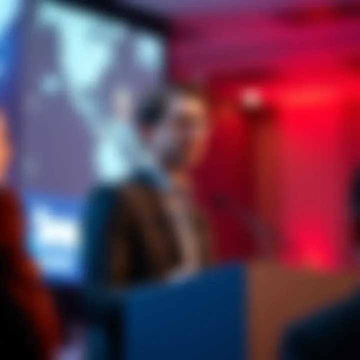 Edward Snowden stands at a podium addressing an audience about privacy and government transparency issues