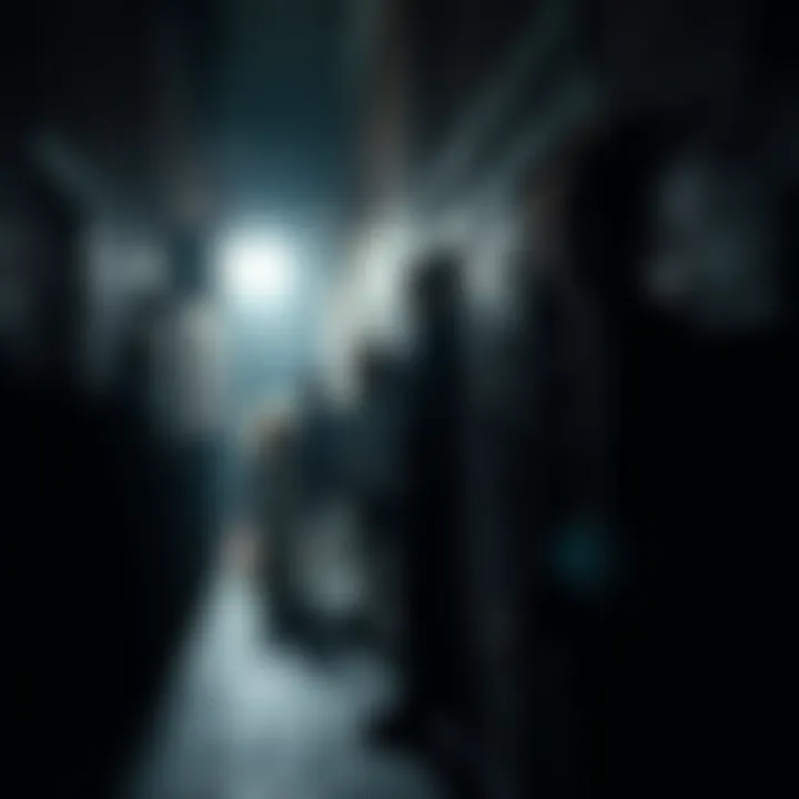 A group of people standing in a dark alley with expressions of fear and surprise, illuminated by a distant light, creating a tense atmosphere.