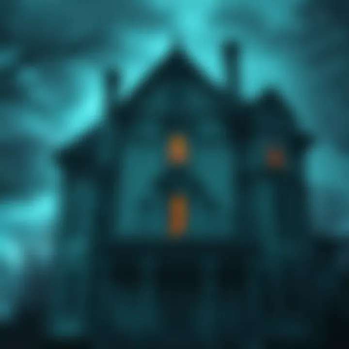 A haunting house with multiple floors and dark windows, suggesting hidden rooms inside.