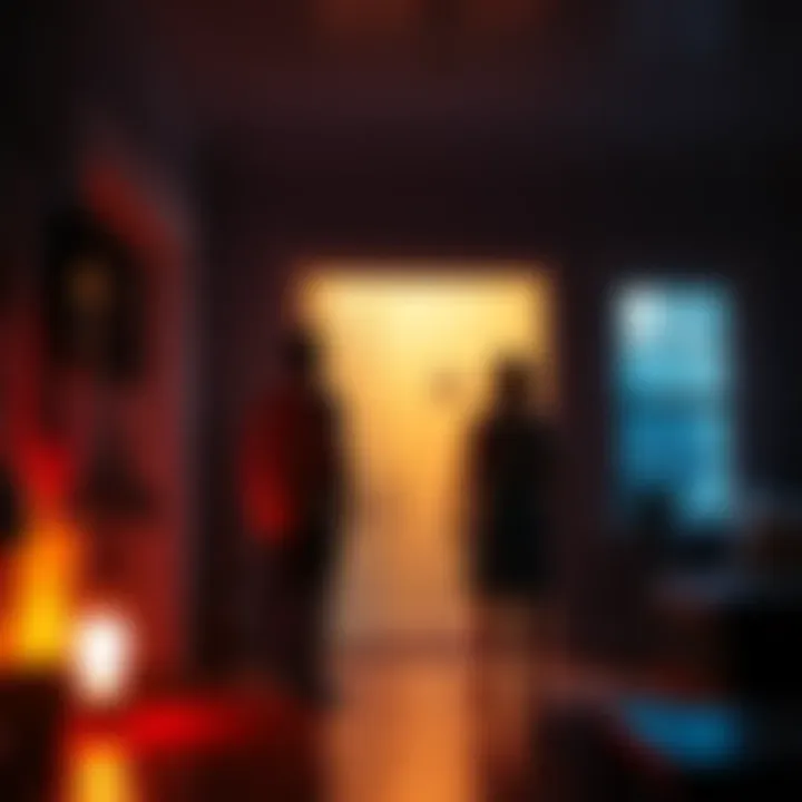 A couple stands inside a dimly lit room with strange light glowing, looking unsettled during their home tour in Georgia.