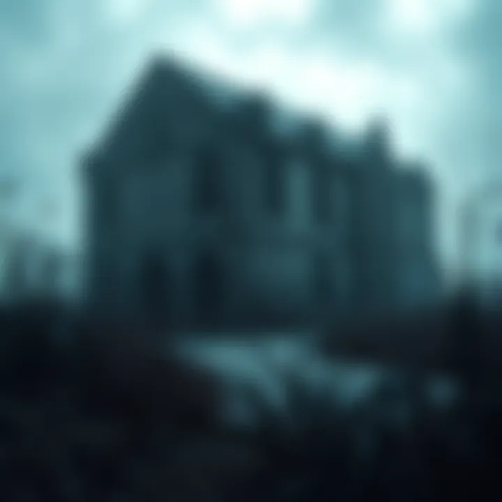 A dark, crumbling abandoned building surrounded by overgrown weeds and fog, creating a spooky atmosphere.