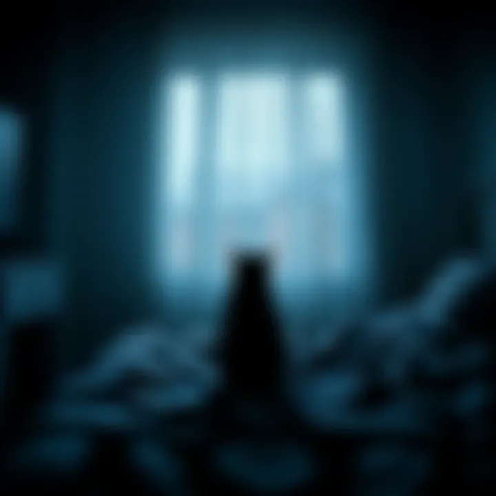 A dark bedroom with a shadowy figure of a cat, suggesting mysterious noises, and an unsettled person in bed looking around.
