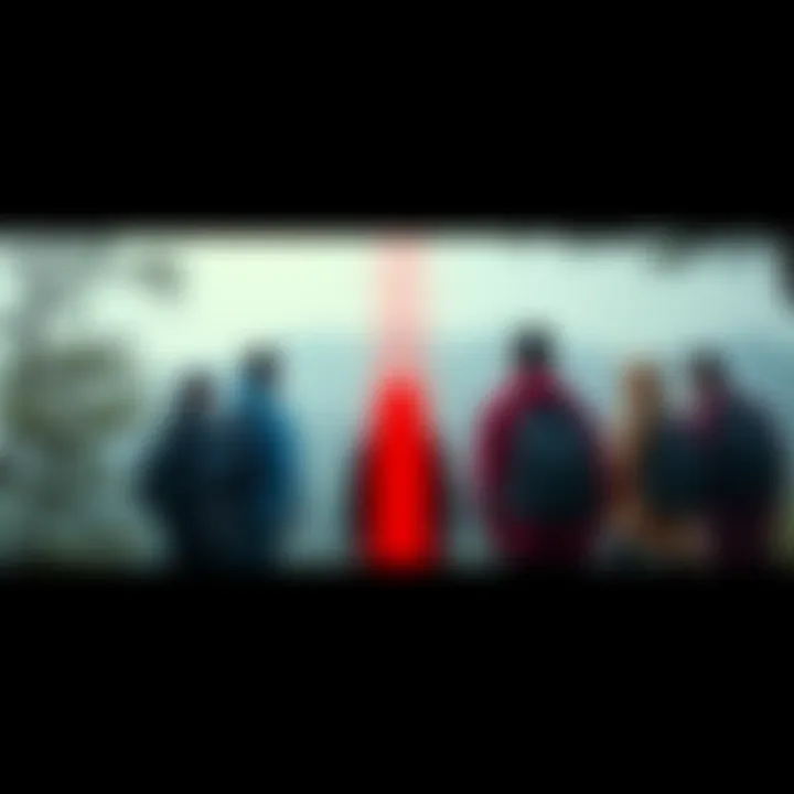 A mysterious red figure appears in a group photo taken during a hike, surrounded by trees and nature.