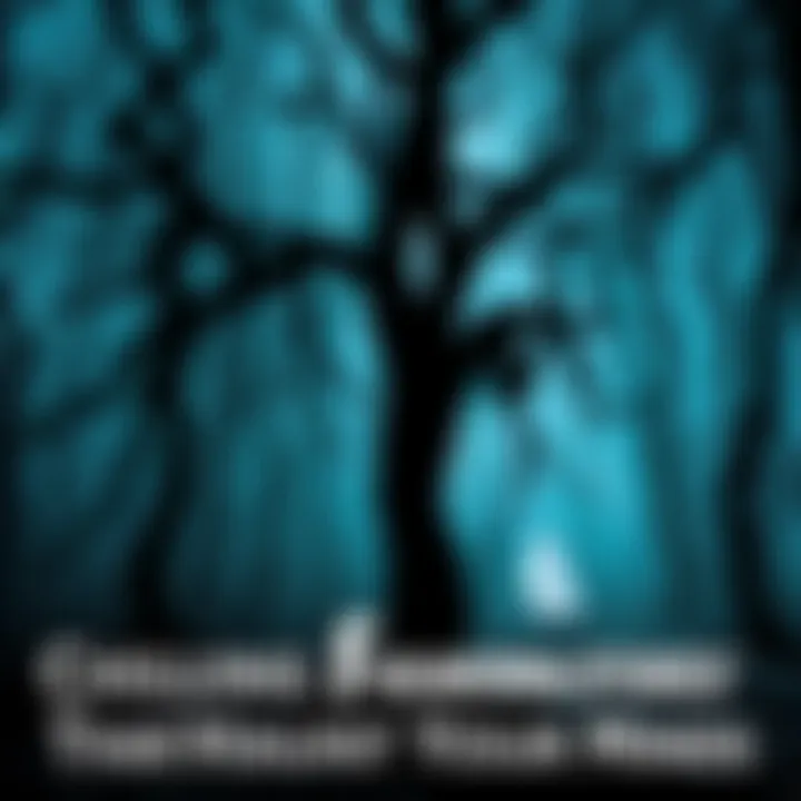 A dark forest with twisted trees and a ghostly figure lurking among the shadows, creating a spooky atmosphere.