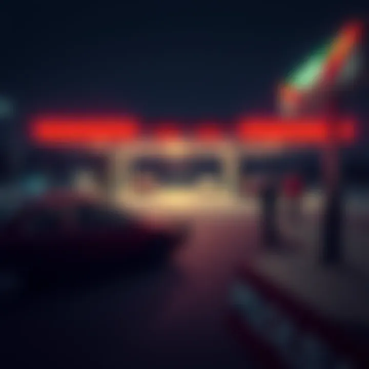 Eerie Gas Station Scene A remote Ohio gas station at night, with young women waiting in cars and young men standing silently inside. Police officers are nearby, observing the situation.