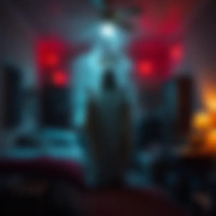A college student's room with flickering lights and a ghostly figure resembling a twisted Virgin Mary, creating a chilling atmosphere