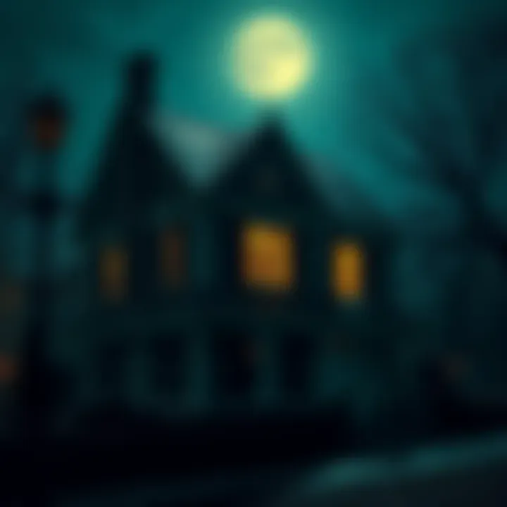 A shadowy exterior of a historic home with an ominous atmosphere under a full moon