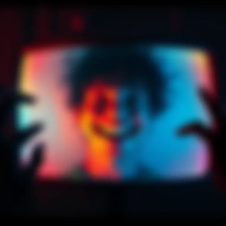A smiling figure with distorted features appears on a colorful Nickelodeon screen, surrounded by ominous shadows and strange sounds, evoking confusion and fear.