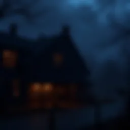 A dark, quiet country inn at Gettysburg with shadows of horses in the background, evoking a spooky atmosphere