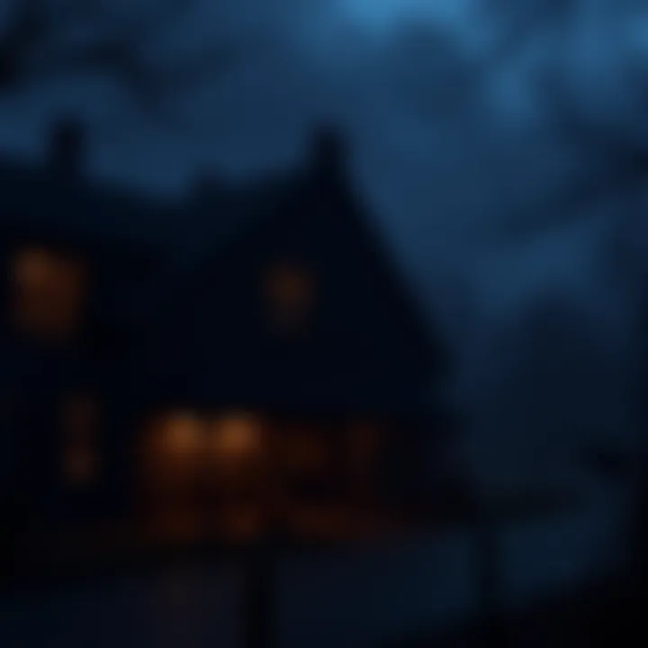 A dark, quiet country inn at Gettysburg with shadows of horses in the background, evoking a spooky atmosphere