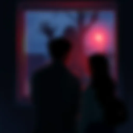 A couple looking out of a window at night, startled by strange noises, with shadows visible outside.