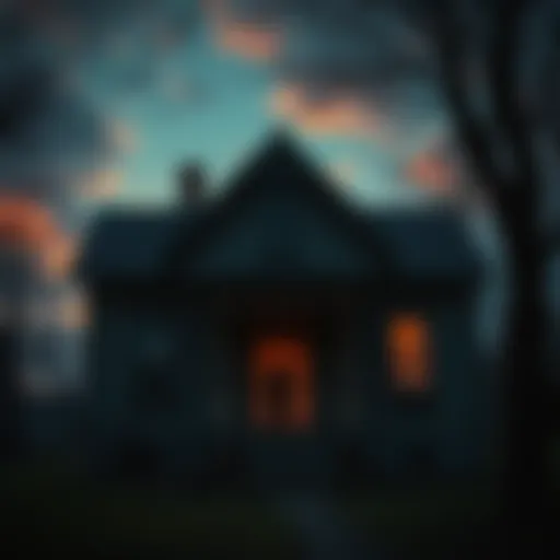 A 70-year-old house with a shadowy figure in the window and a dark sky, creating an unsettling atmosphere