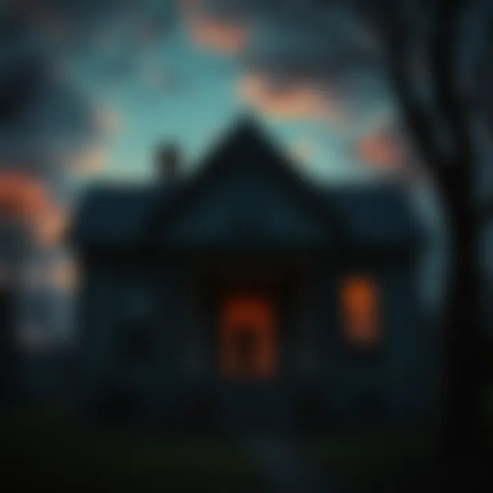 A 70-year-old house with a shadowy figure in the window and a dark sky, creating an unsettling atmosphere
