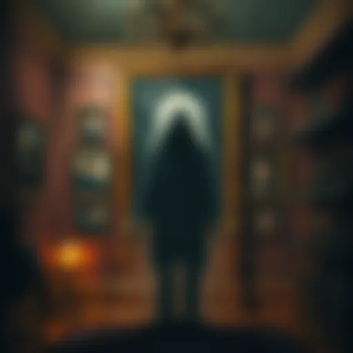 A haunting painting featuring a shadowy figure resembling Mr. Adam, surrounded by portraits of missing children, set in a dimly lit room.