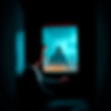 A person looking out a window with a terrified expression as a shadow looms outside