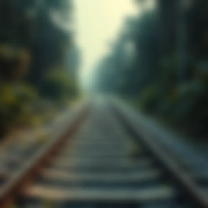 Eerie Train Tracks A view of unsettling train tracks surrounded by overgrown plants and trees, creating an eerie atmosphere.