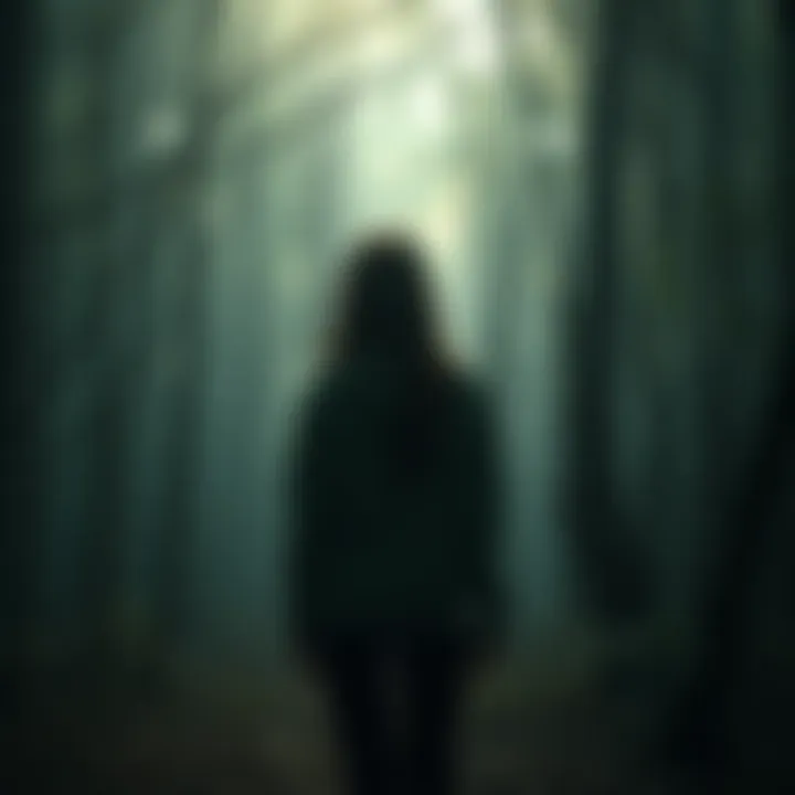 Eerie Woods Encounter A teenager standing in a dimly lit forest, looking uncertain as shadows loom behind her.