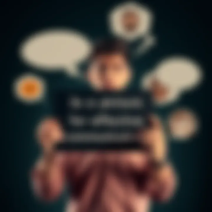 A person holding a sign with words, surrounded by thought bubbles showing different emotions.