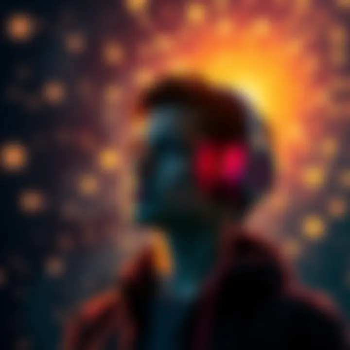 A person listening to subliminal audio with headphones, surrounded by positive energy symbols like stars and light, illustrating manifestation success.