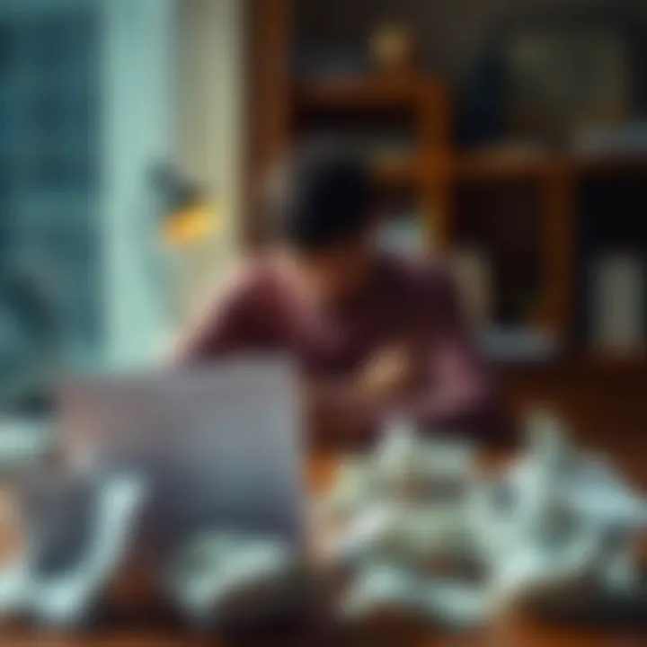 A person sitting alone at a desk looking stressed, with a job rejection letter and crumpled tax documents in the foreground, symbolizing challenges during the Saturn in Pisces transit.