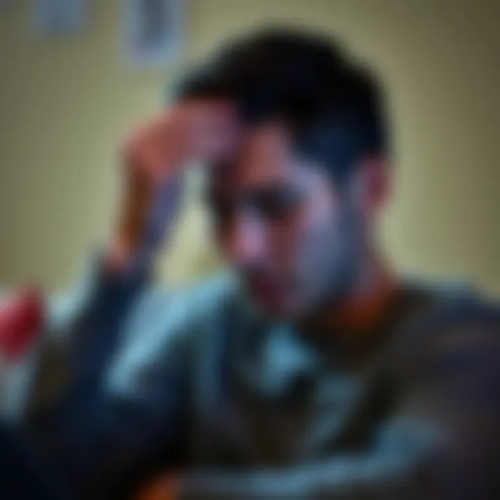 A person practicing EFT tapping on their forehead while sitting comfortably, with a focused expression