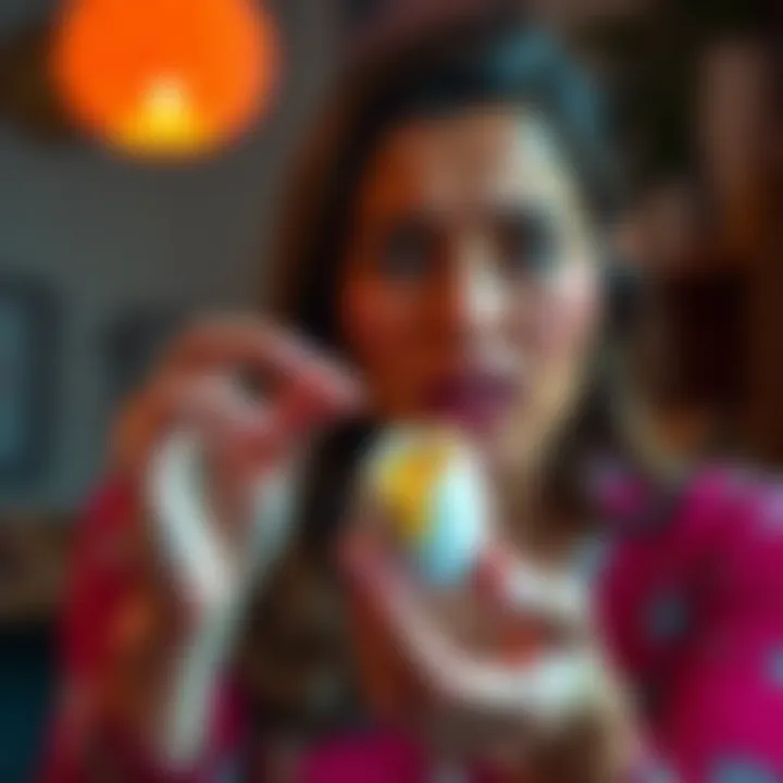 A woman holding a cracked egg during a cleansing ritual, looking concerned about the yolk inside, symbolizing negative energy from her in-laws.