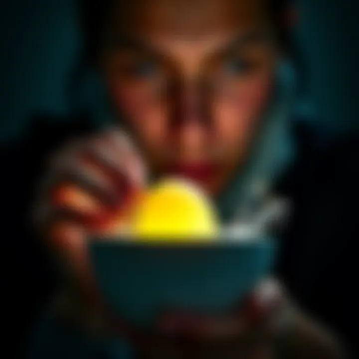 A person holding an egg over a bowl, looking contemplative with a focused expression, indicating emotional reflection.