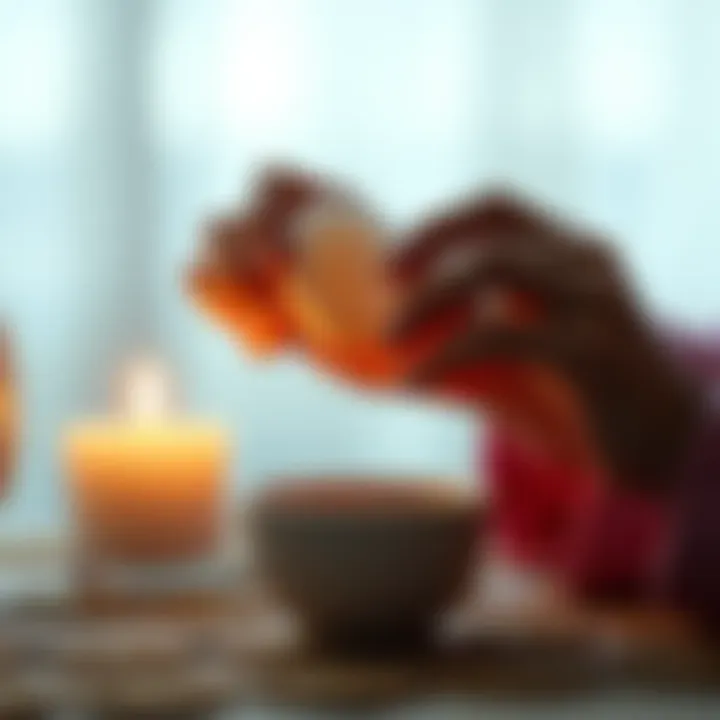 A person performing an egg cleansing ritual, holding an egg and lighting a candle, with a small bowl nearby.