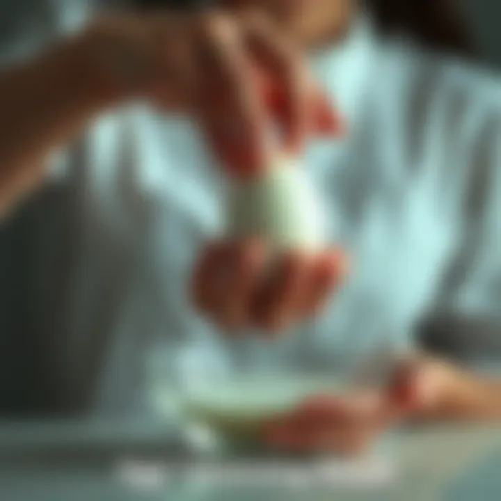 A person holding a translucent egg over a bowl, seeking guidance on the results of their cleansing ritual