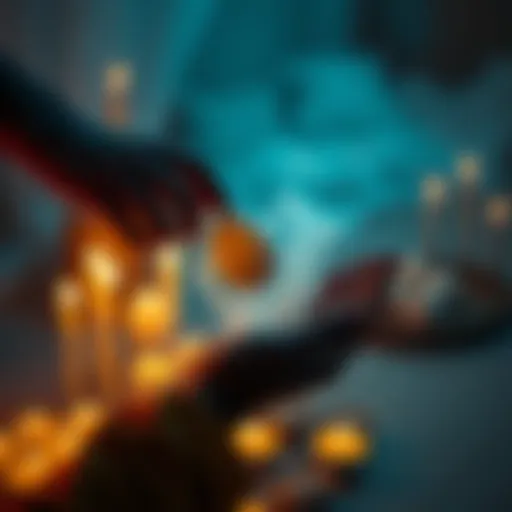 A person performing an egg cleansing ritual with an egg in hand, surrounded by candles and a clean space.