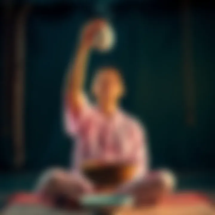 A person holds an egg above their head while sitting in a calm setting, symbolizing the egg cleansing ritual from various cultures.