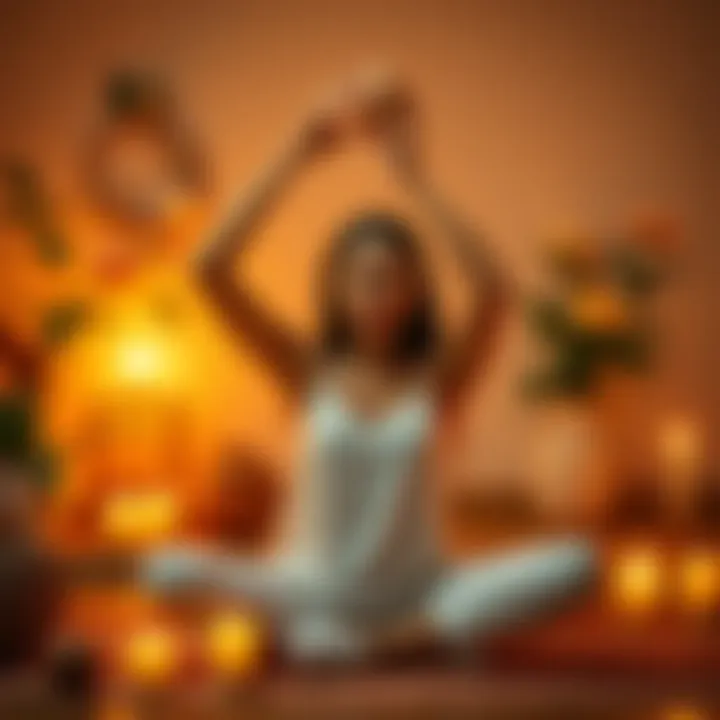 A person holding an egg above their head while sitting cross-legged, surrounded by candles and plants during an egg cleanse ritual