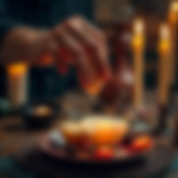 A person holding a clear egg over a bowl, performing an egg cleansing ritual with candles in the background