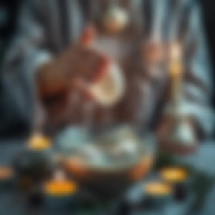 A person holding a clear egg above a bowl, surrounded by candles and herbs, symbolizing cleansing and wellness